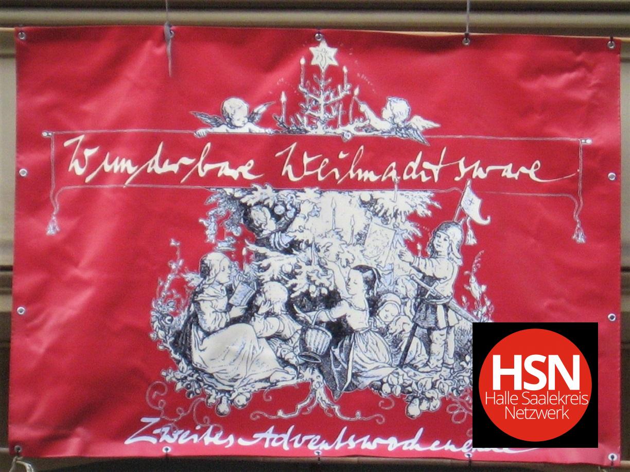 Rotes Plakat mit Zeichnung und Aufschrift